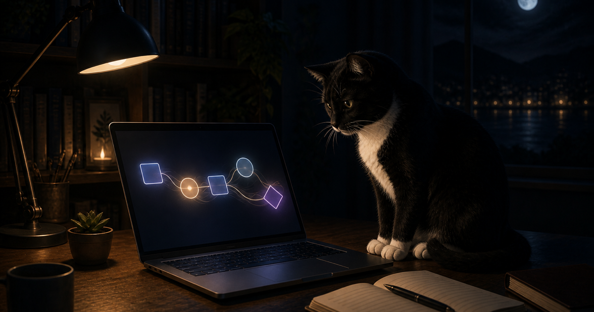 夜の落ち着いた部屋で、黒白猫のHanaがノートPCに表示された抽象的なAI制作Workflowを見つめている
