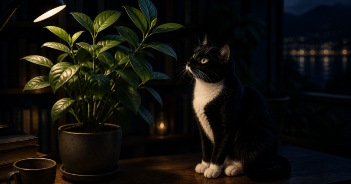 夜の落ち着いた部屋で、黒白猫のHanaが鉢植えの植物を見上げながら葉を観察している