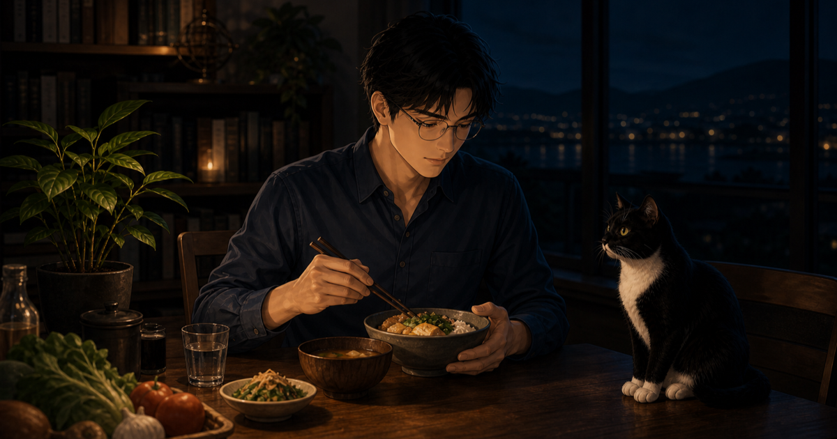 夜の食卓で夕飯を前にするTakaと、そばで見守る黒白猫のHana