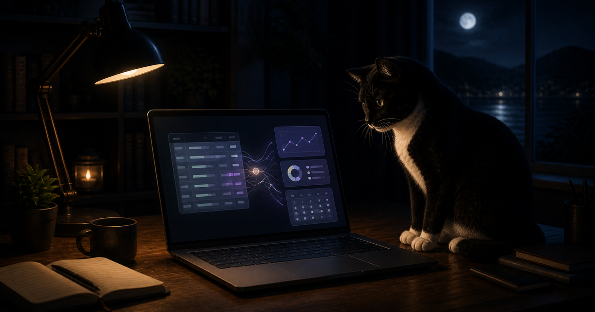 夜の静かな部屋で、黒白猫のHanaがノートPCに映る表データと見やすい画面を見つめている