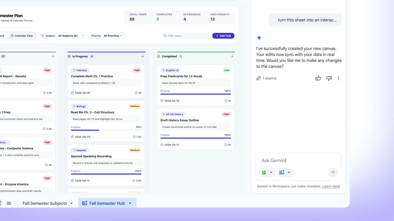 Google Sheets canvasの公式デモで、課題一覧を進捗と期限が分かる学習用ダッシュボードに整理した画面