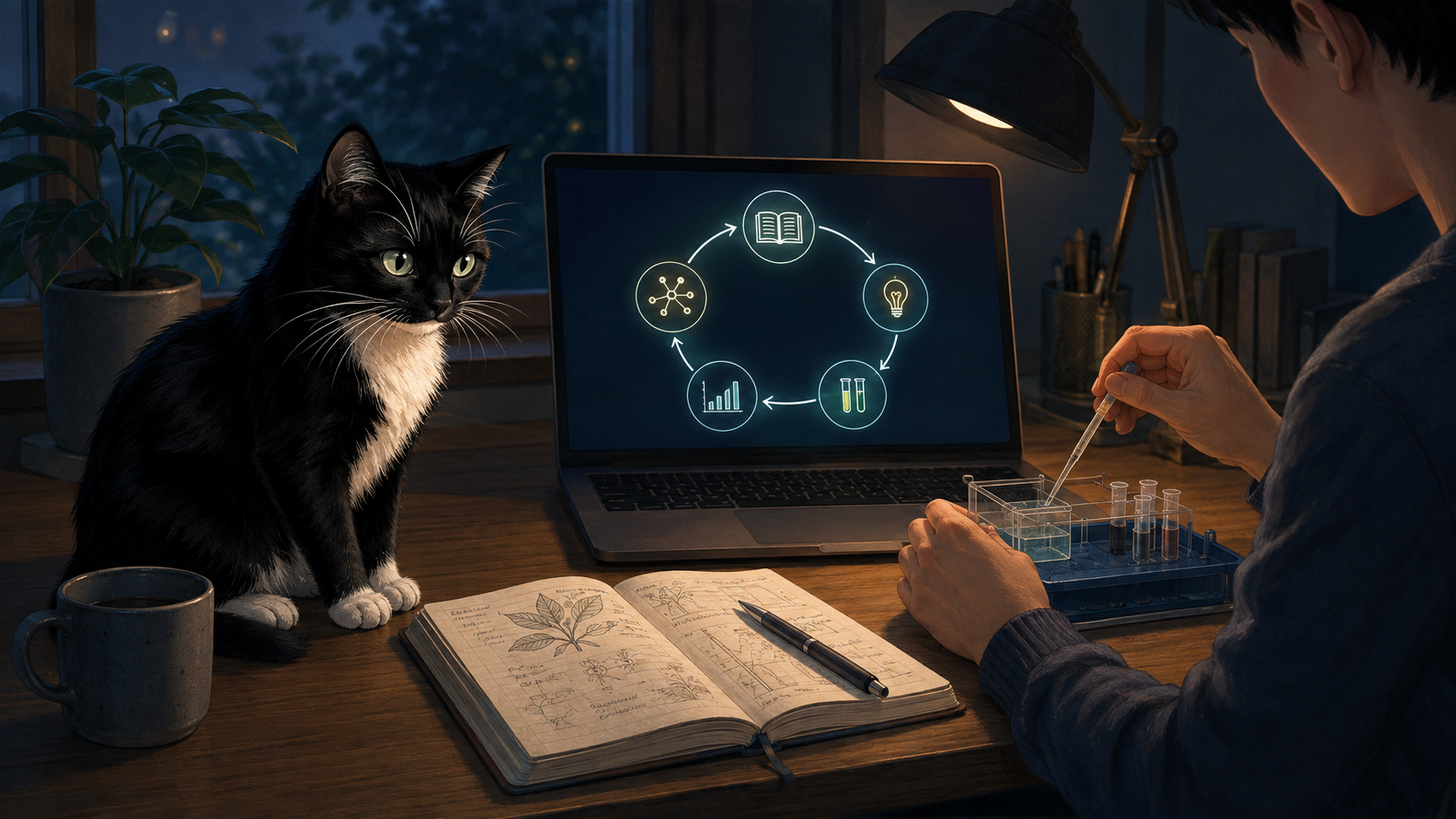 AIが文献を読み、人間が実験し、結果を分析して次の仮説へ戻る研究サイクルを表すイラスト