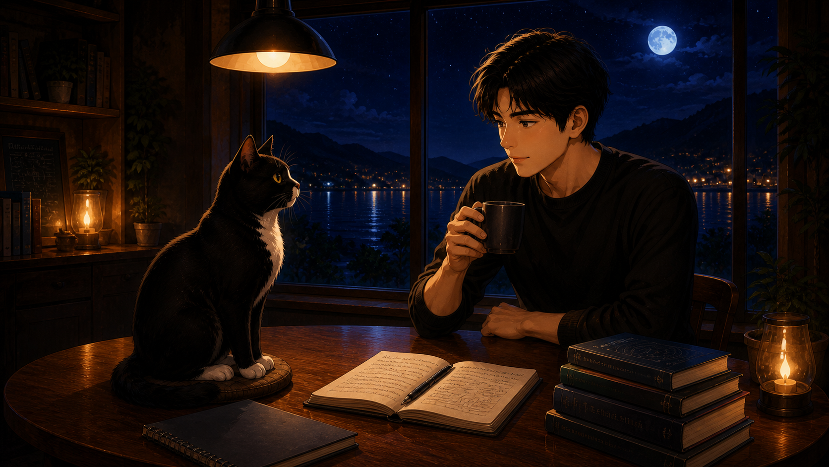 夜の窓辺の丸テーブルで、黒白猫のHanaとTakaがコーヒーをそばに静かに話している