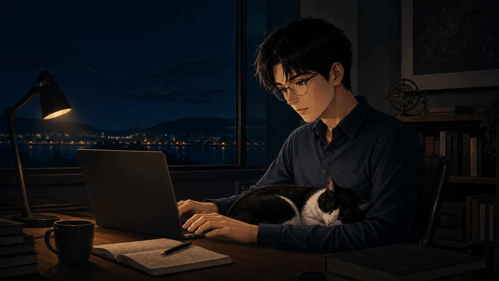 夜の机でノートPCを操作するTakaと、膝の上で眠るHana